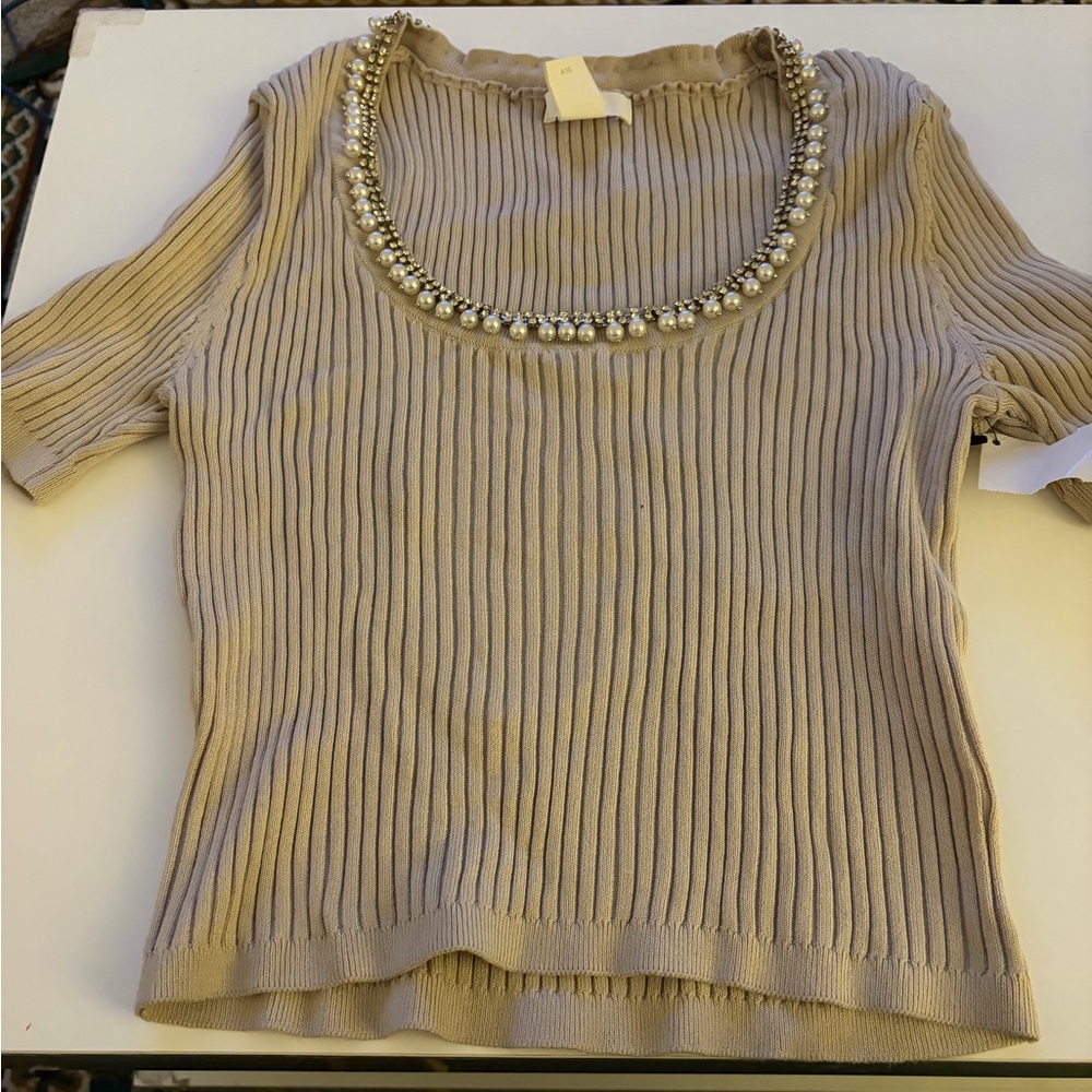 Beige Ribbed Top with Pearl Embellishments